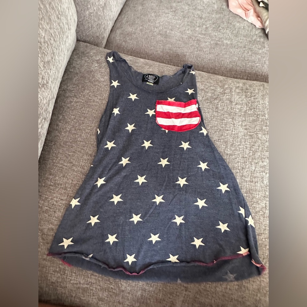 Navy Star Tank Top with Red Striped Pocket